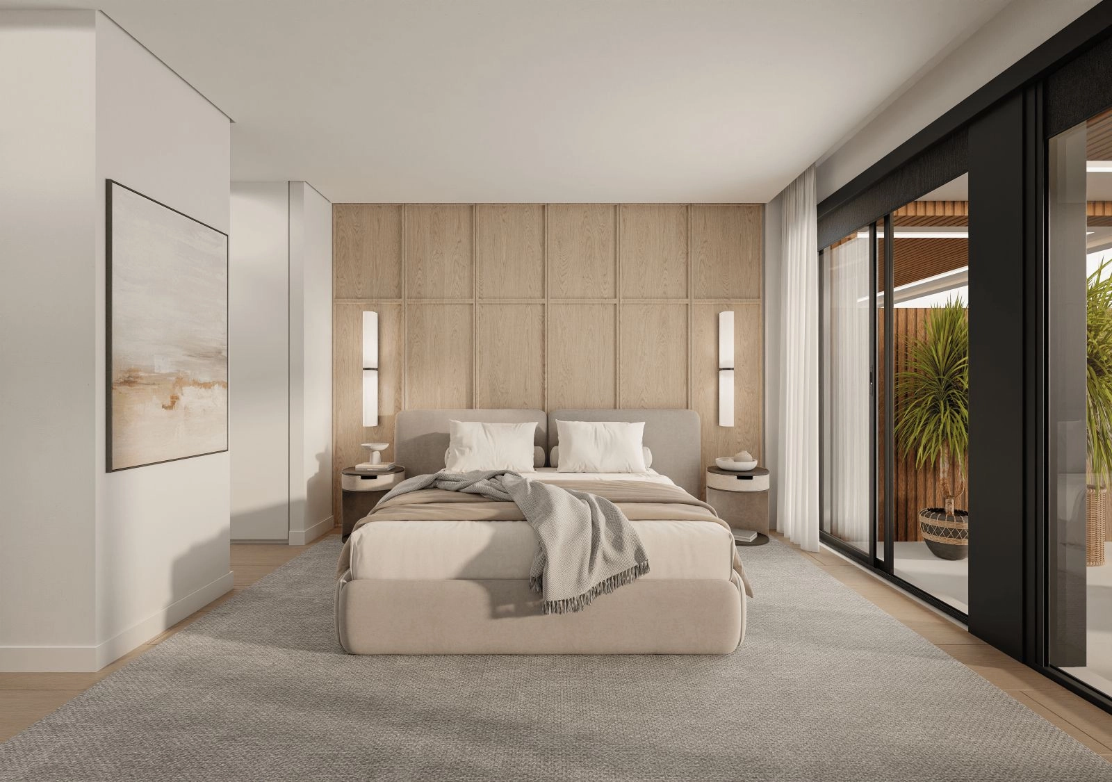 La tranquila suite principal ofrece acceso directo a la terraza exterior y a las vistas.