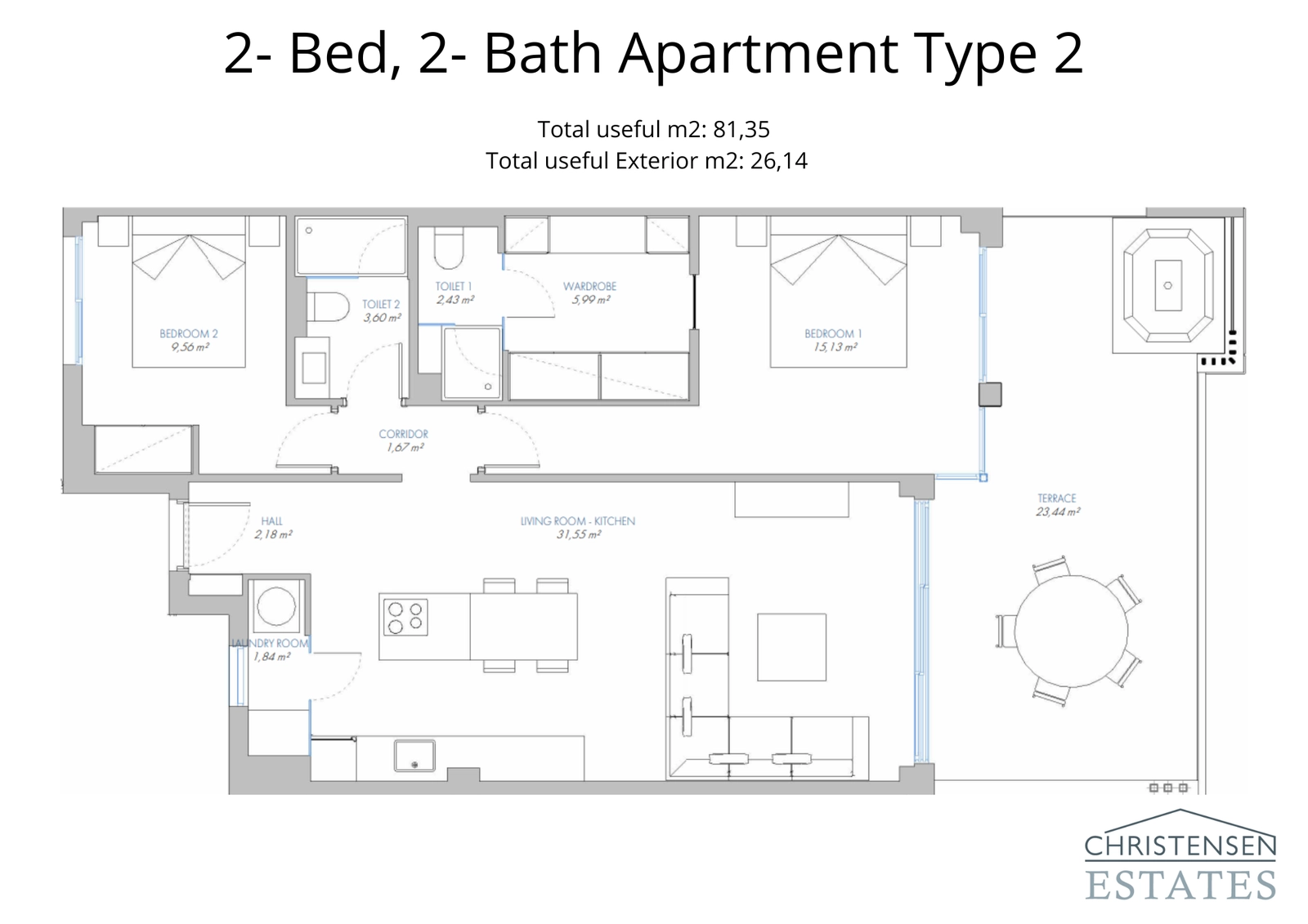 Un diseño alternativo de apartamento de dos dormitorios, que muestra un uso eficiente del espacio y una terraza privada para disfrutar de las vistas.