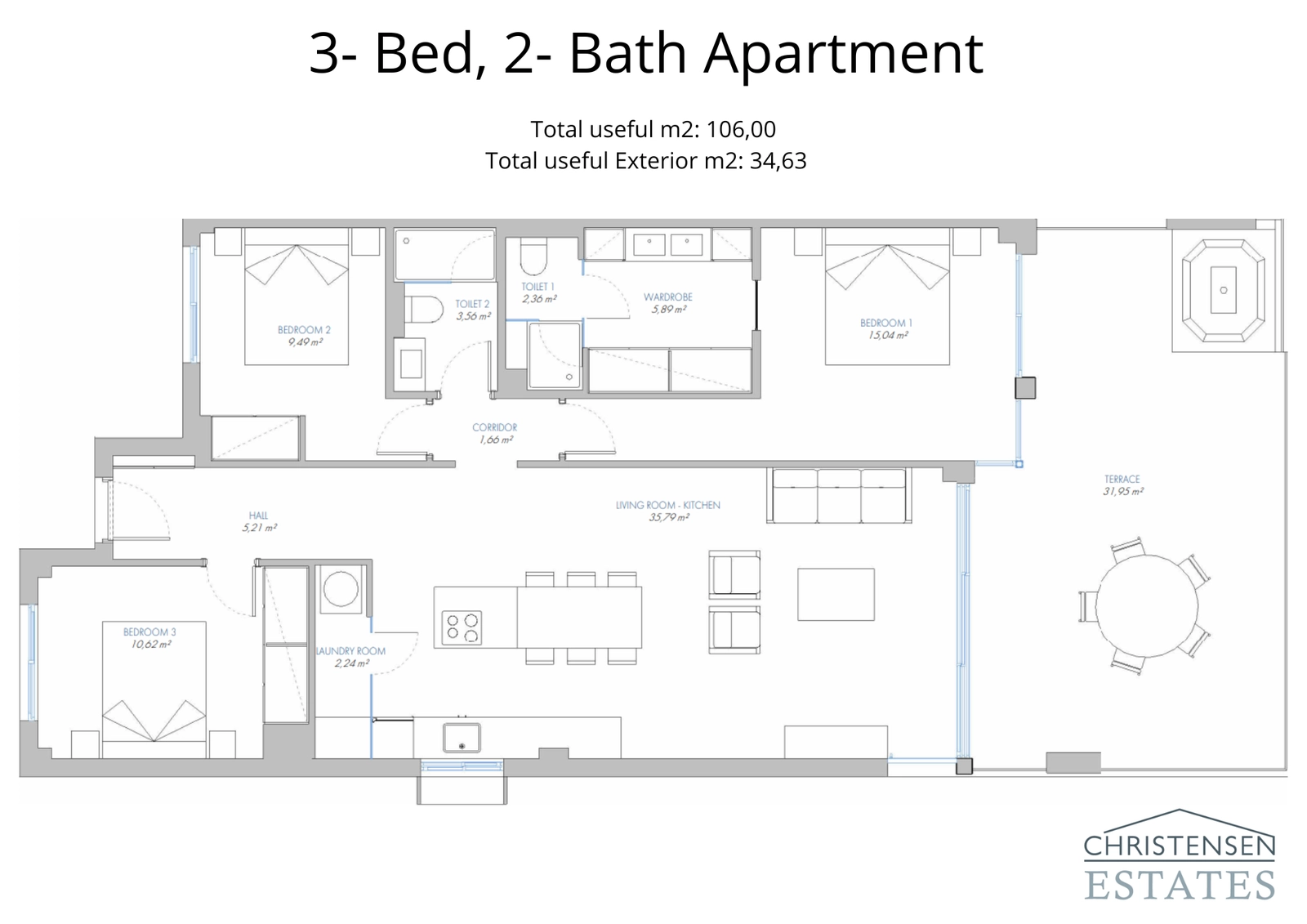 Generoso plano de tres dormitorios diseñado para la vida familiar, con un flujo perfecto entre los espacios interiores y las zonas exteriores.