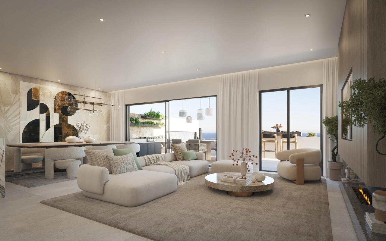 La luminosa zona de estar de planta abierta se conecta a la perfección con el amplio espacio exterior.