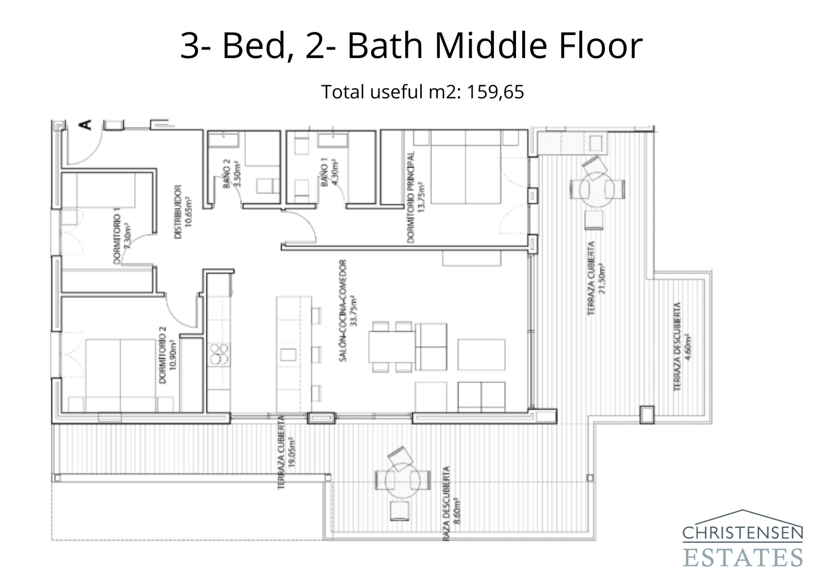 Un plano de piso intermedio de tres dormitorios bien diseñado que cuenta con amplias terrazas que extienden el espacio habitable hacia el exterior, perfecto para disfrutar del clima mediterráneo.