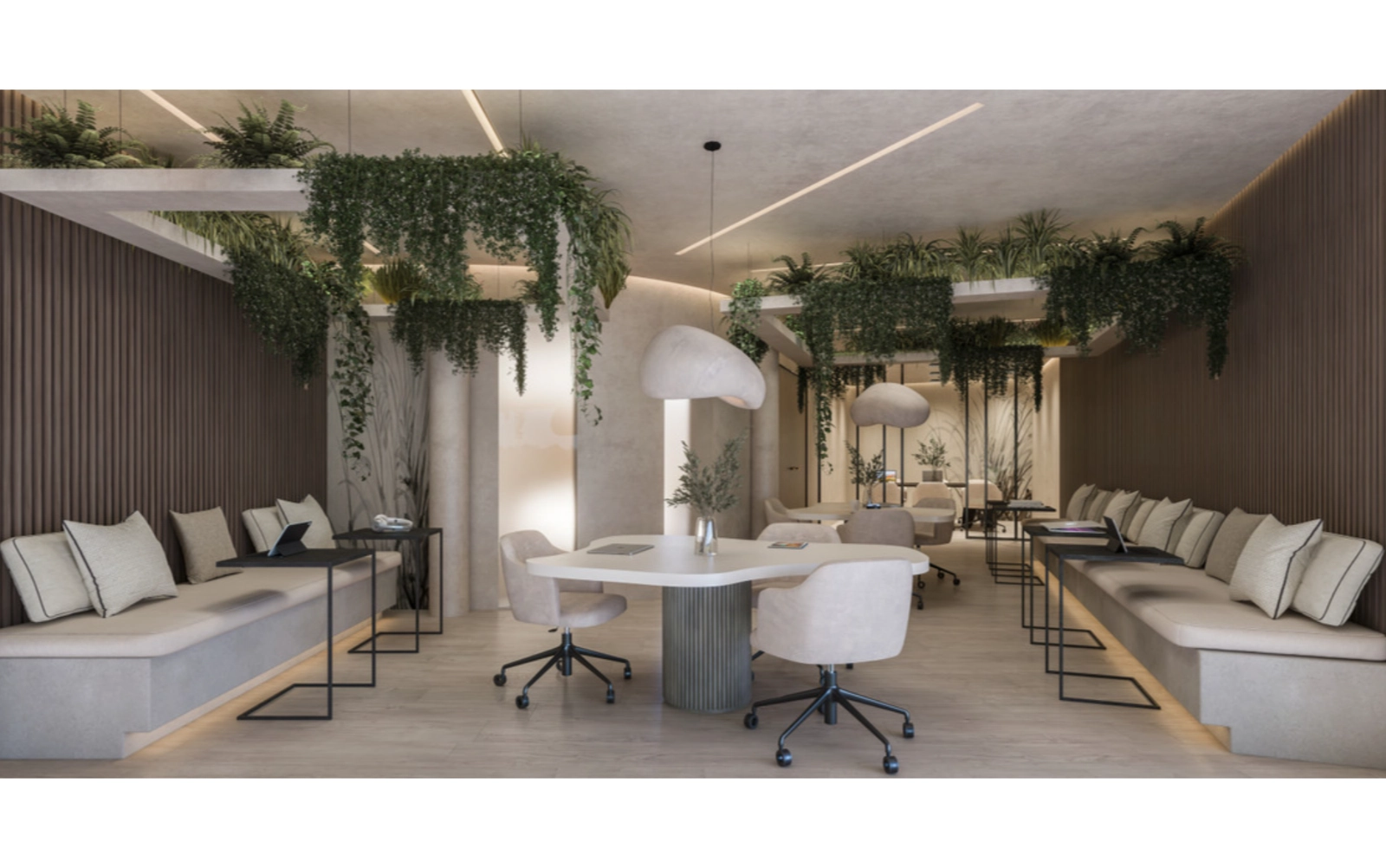 Un moderno espacio de co-working permite a los residentes trabajar o reunirse en un entorno profesional.