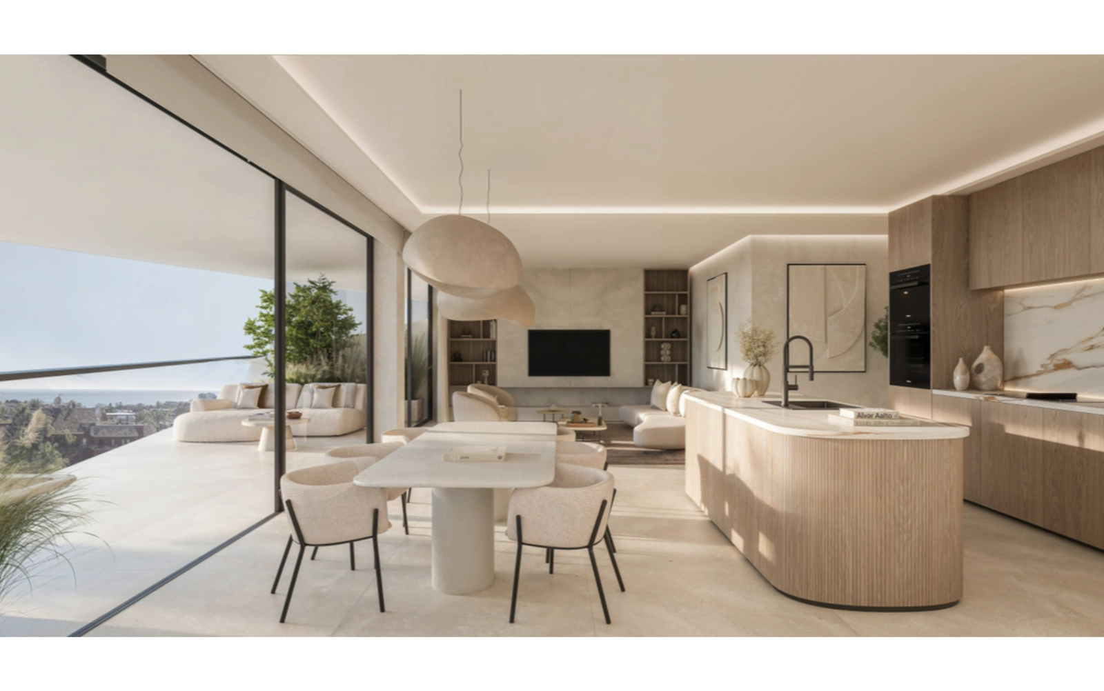 La zona de estar de concepto abierto combina estilo y confort, conectando a la perfección con la terraza exterior.
