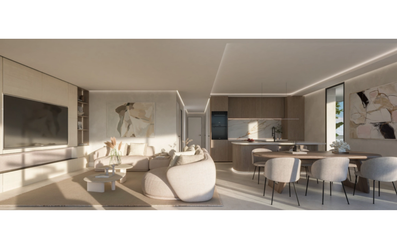 La luz solar inunda el elegante salón, creando un ambiente cálido y acogedor para relajarse.