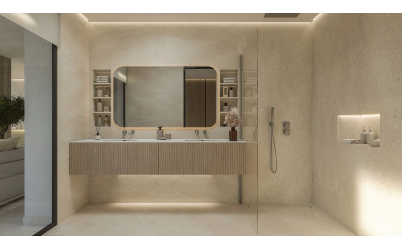 Un cuarto de baño bellamente equipado con doble lavabo, que combina lujo con un diseño práctico.