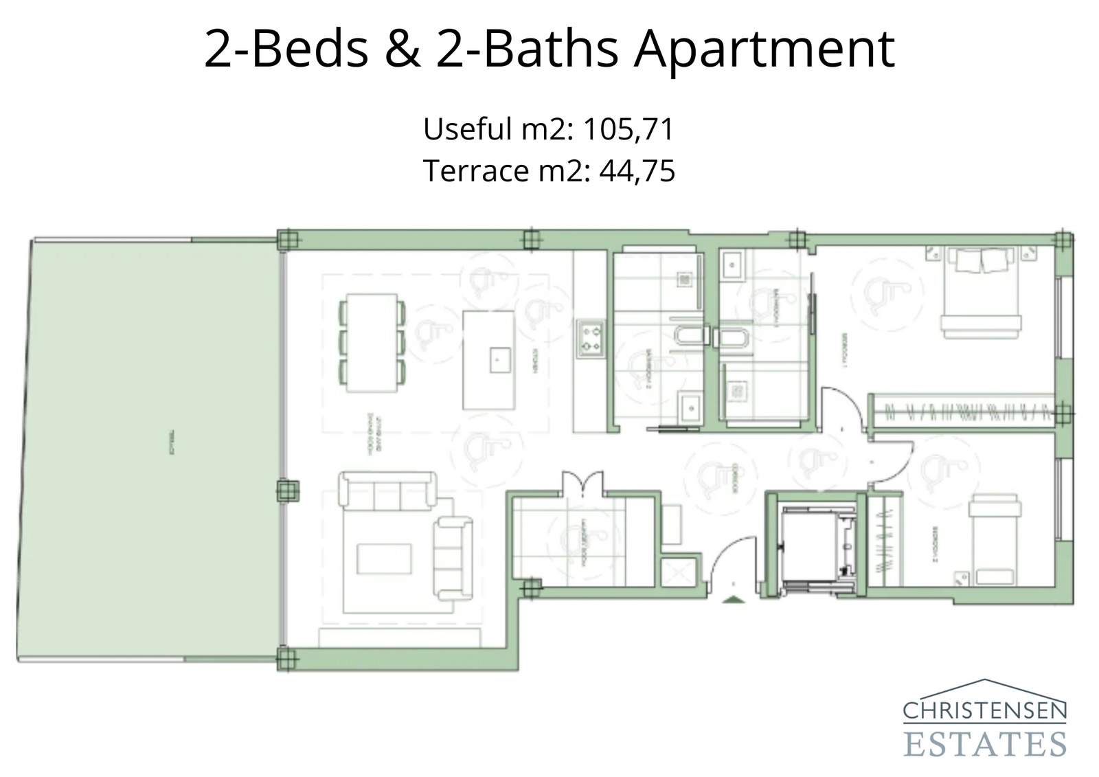 Esta cuidada distribución para un apartamento de dos dormitorios presenta una luminosa zona de estar de concepto abierto que se extiende a una amplia terraza.