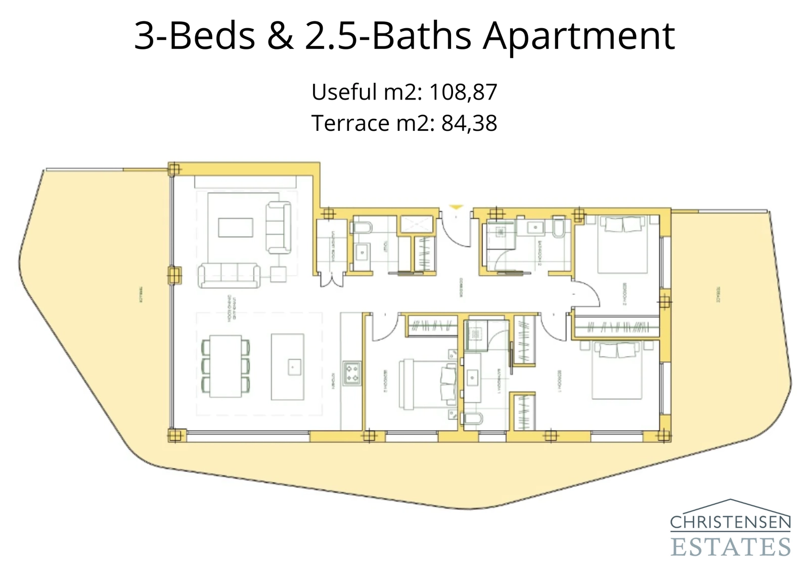 El plano de tres dormitorios ofrece un amplio espacio para familias, con una generosa terraza perfecta para cenas al aire libre y relajación.