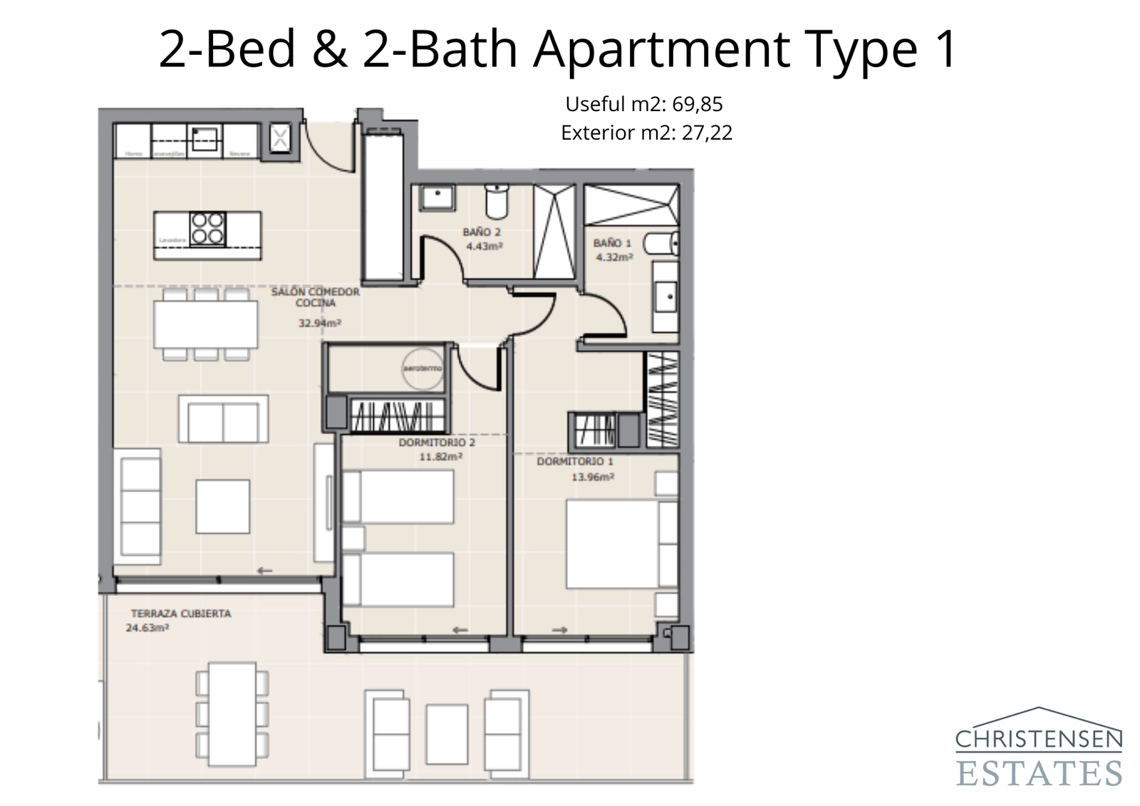Esta distribución de dos dormitorios cuenta con una generosa zona de estar de planta abierta que se extiende a una gran terraza, perfecta para la vida interior-exterior.