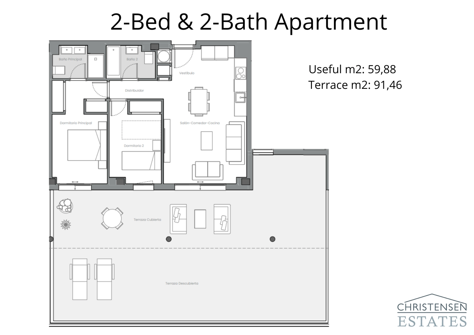 Plano de un apartamento de dos dormitorios, mostrando una distribución inteligente con una amplia terraza que extiende el espacio habitable al exterior.