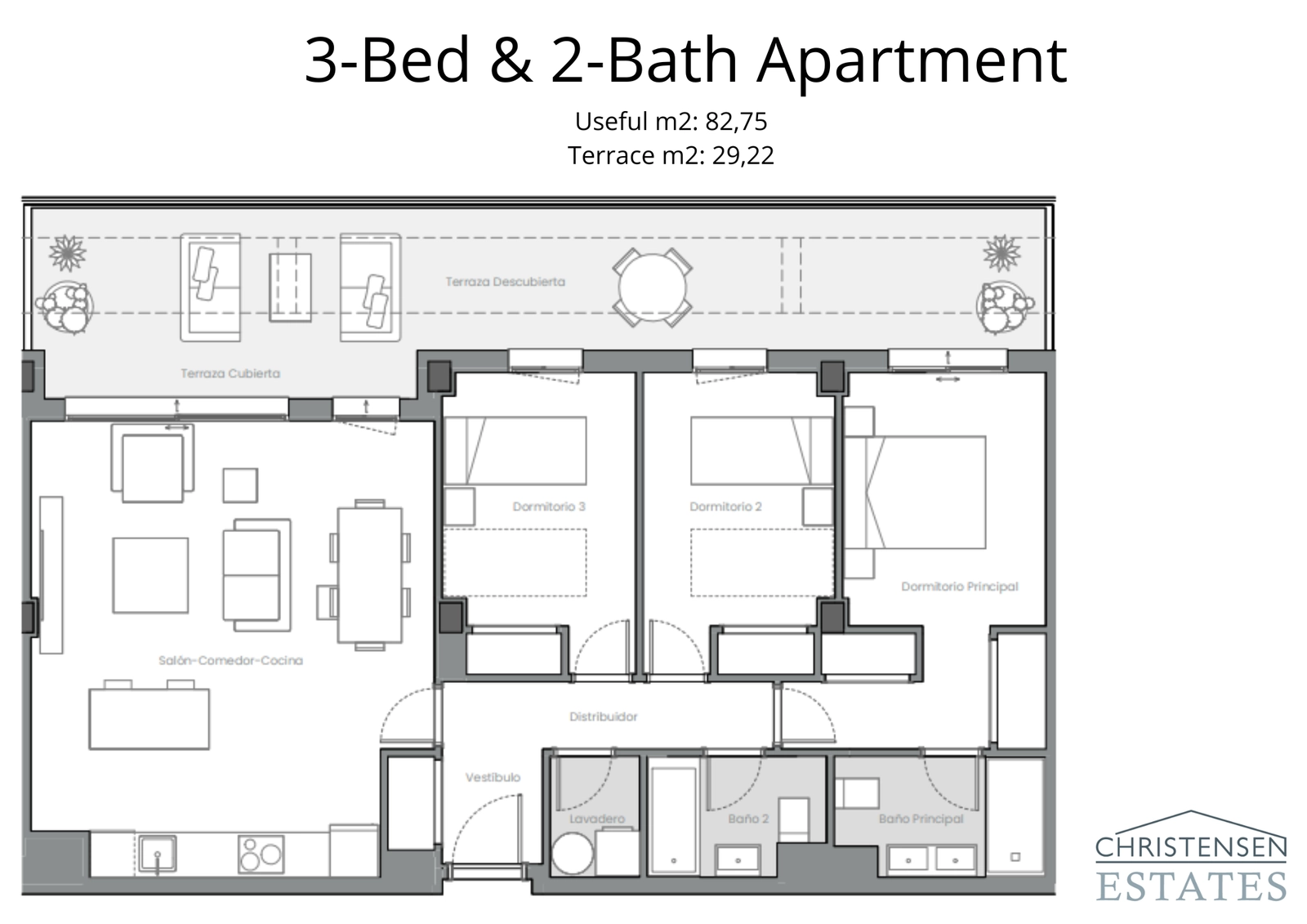 Distribución de una espaciosa vivienda de tres dormitorios, diseñada para el confort con una clara separación entre las zonas de día y noche y una generosa terraza.