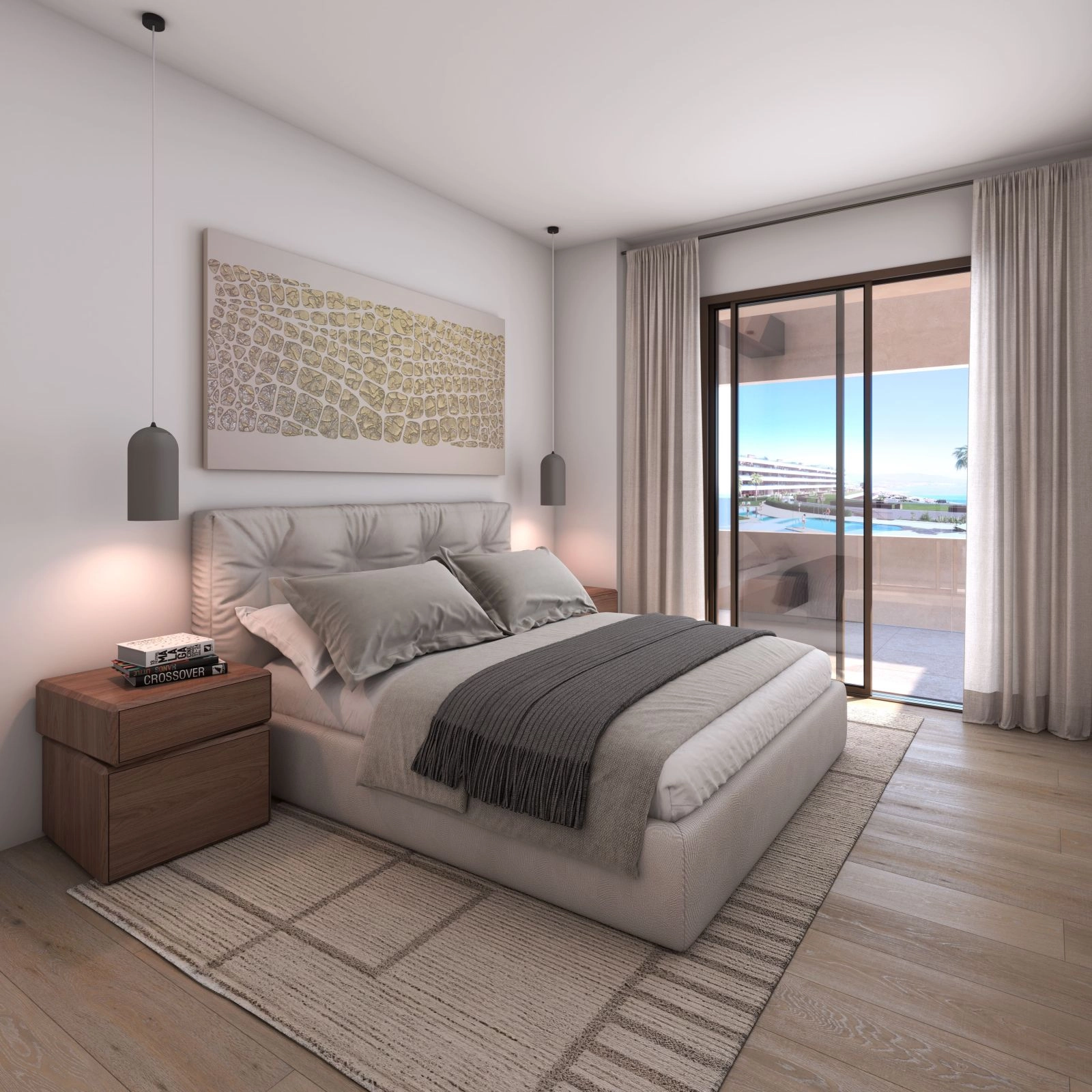 Un sereno dormitorio principal con acceso directo a una terraza privada, fusionando confort con naturaleza.