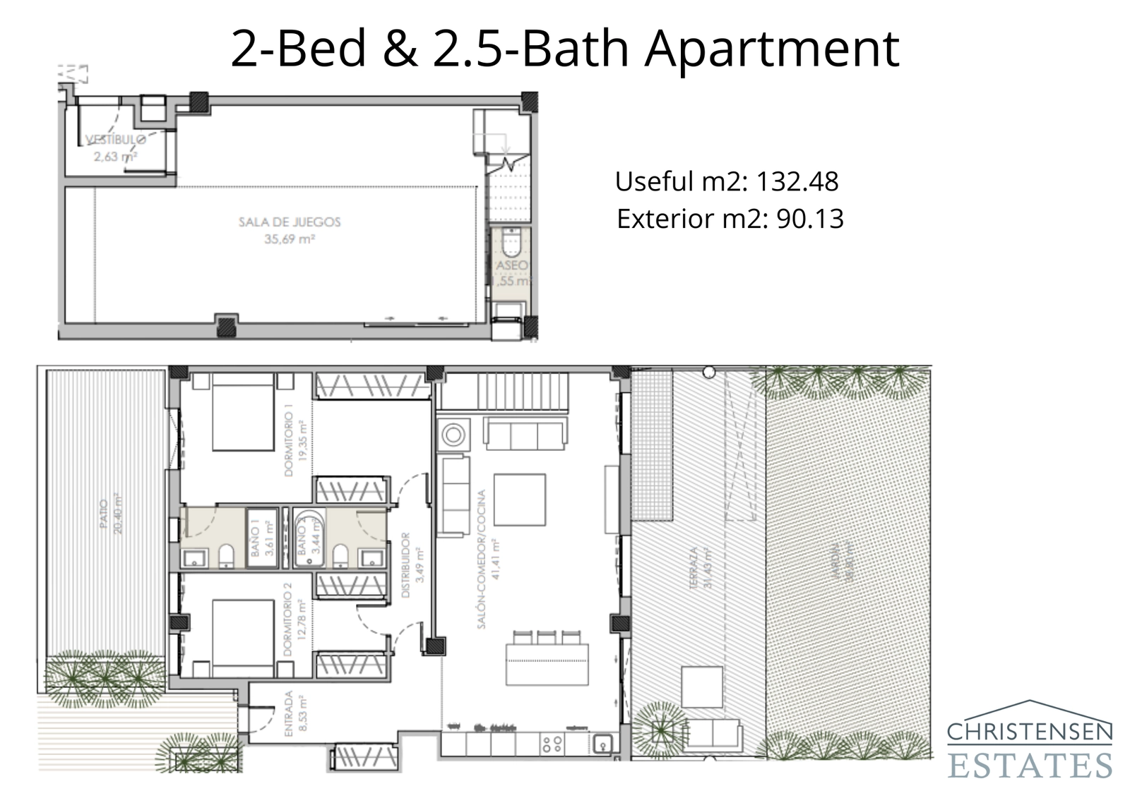 Este plano de apartamento de dos dormitorios muestra una distribución inteligente con una amplia zona de estar que se extiende a una gran terraza y zona de jardín privado.
