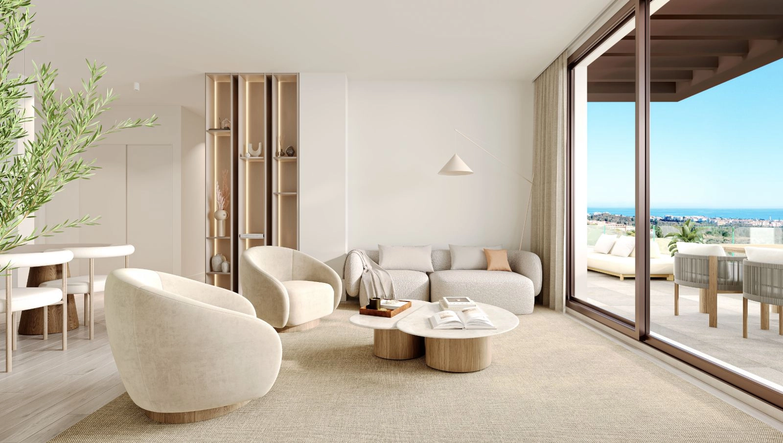 Salones luminosos y elegantes que conectan a la perfección con la terraza exterior, creando un gran espacio de vida abierto.