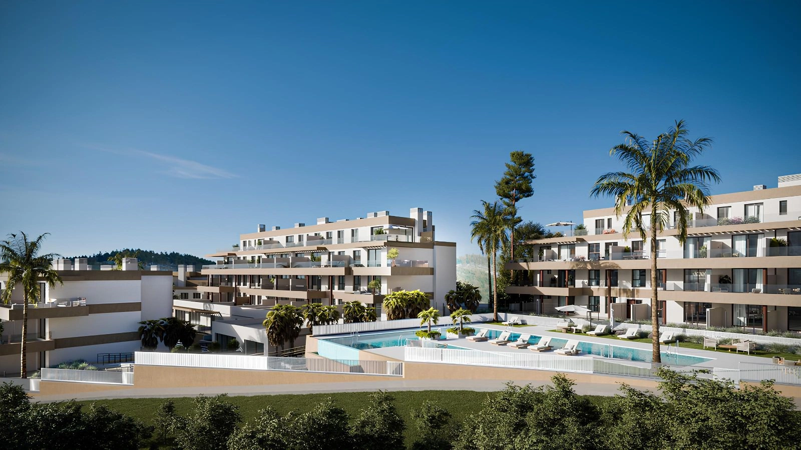 Una vista general del moderno complejo residencial, destacando su arquitectura contemporánea y su preciosa zona de piscina.