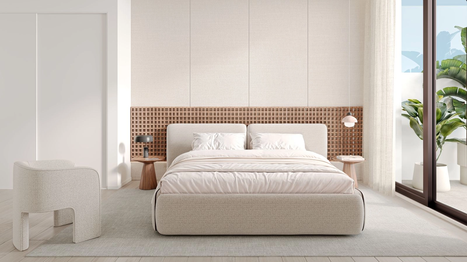 Un sereno dormitorio principal diseñado como un tranquilo refugio, con tonos suaves y acceso a la luz natural.
