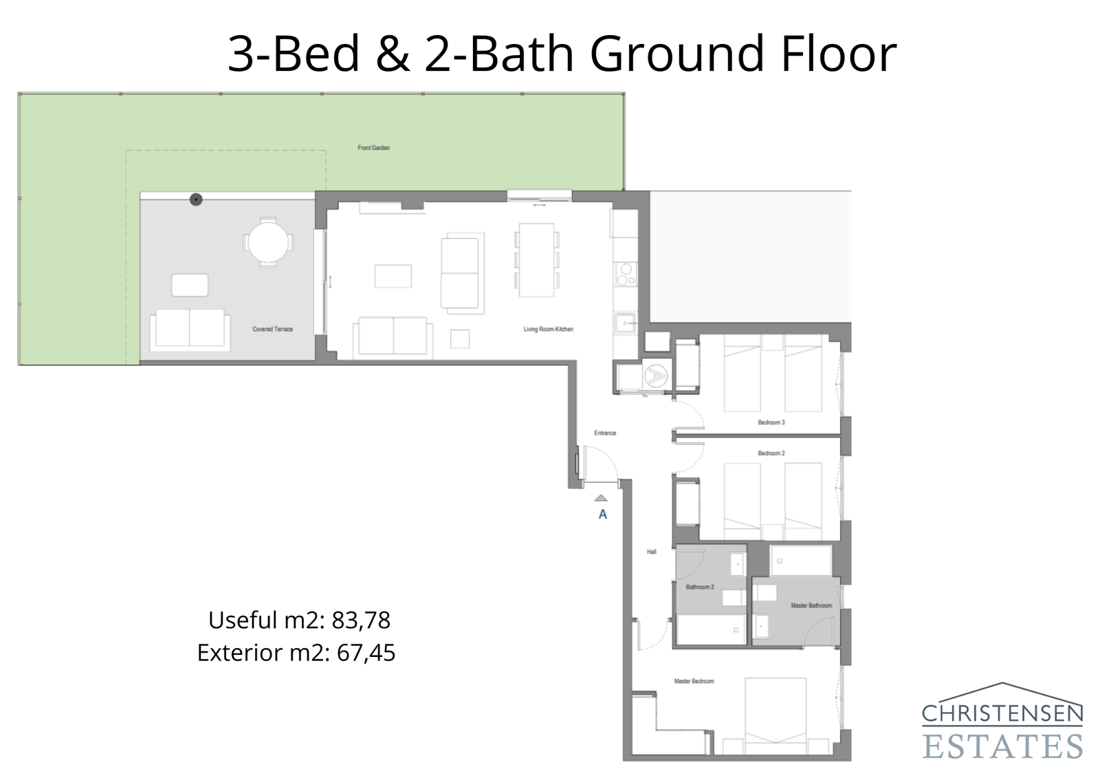 Plano de un piso en planta baja de tres dormitorios, que muestra el generoso jardín privado y la terraza cubierta que amplía el espacio habitable al exterior.