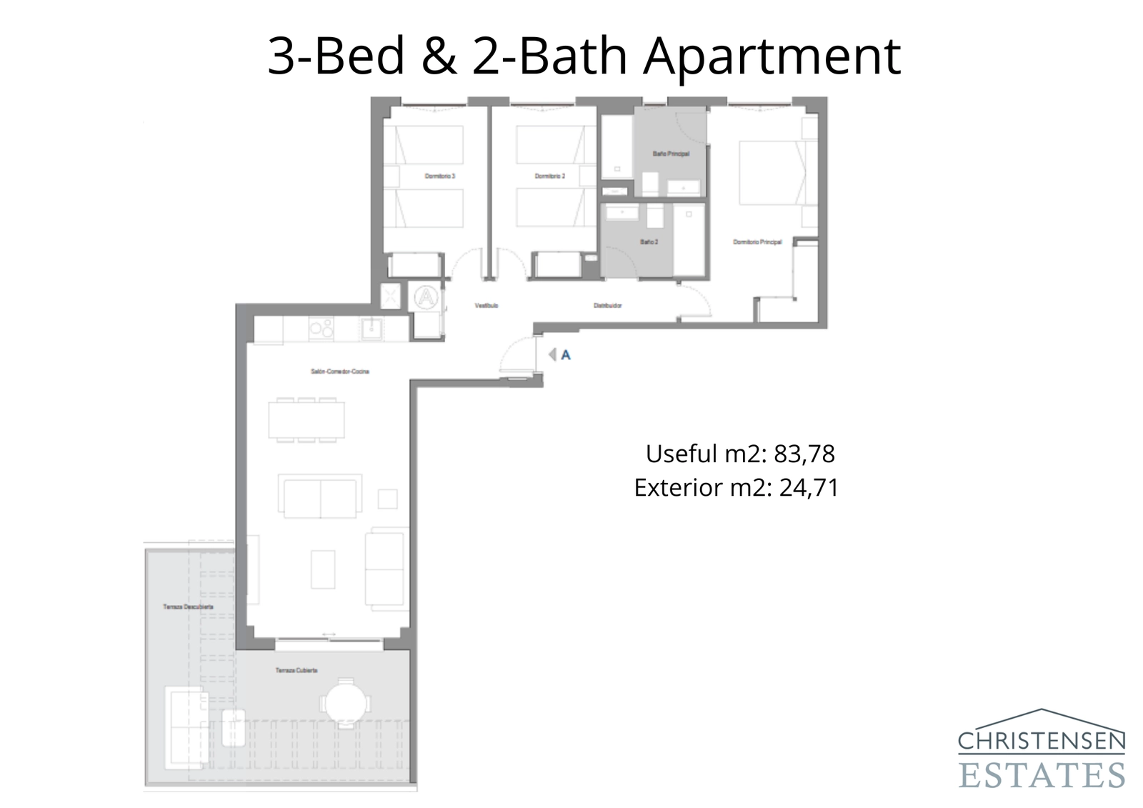 Distribución de un apartamento de tres dormitorios con un diseño inteligente que separa las zonas de día y de noche para un confort y privacidad óptimos.