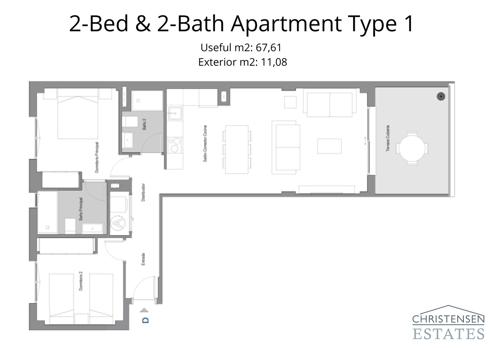 Este plano de apartamento de dos dormitorios ofrece un uso eficiente del espacio con un salón y cocina de planta abierta que se extiende a la terraza.