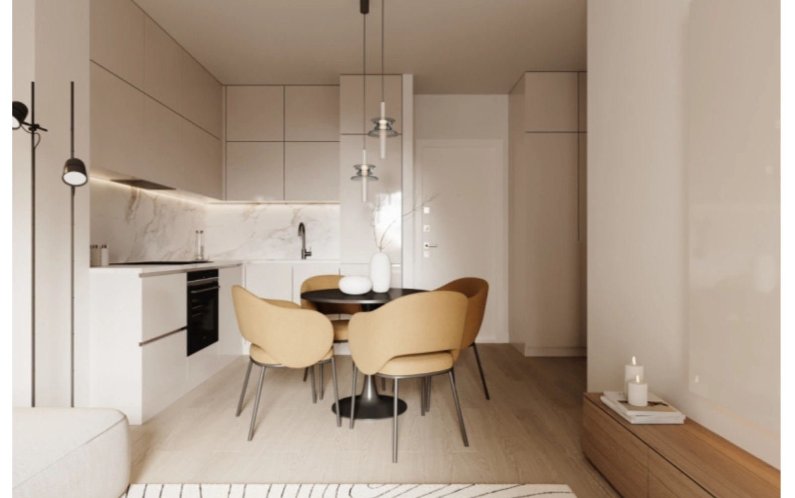 Un diseño de planta abierta conecta la cocina y los salones, creando un ambiente acogedor para socializar.