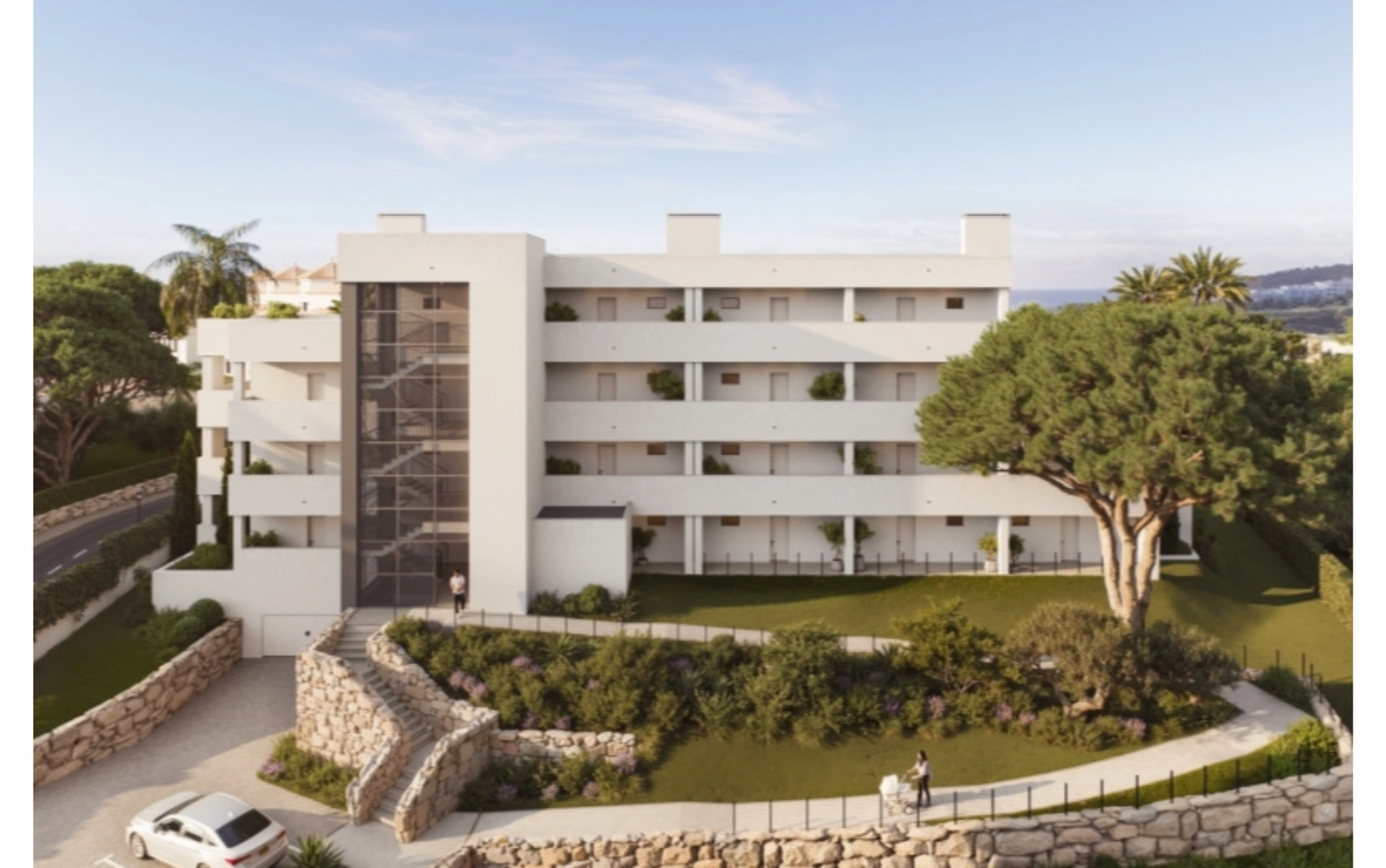 Las líneas limpias de la arquitectura contemporánea se complementan con exuberantes jardines paisajísticos.