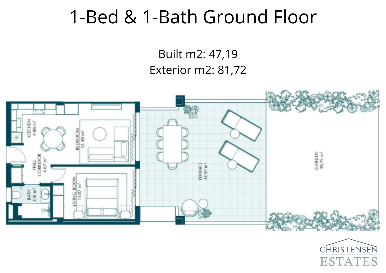Este plano de una habitación en planta baja cuenta con una amplia terraza y un jardín privado, perfecto para la vida interior-exterior.