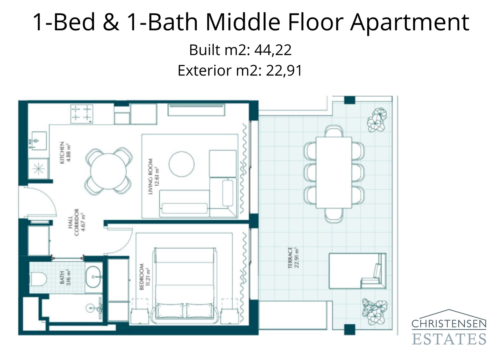 Un plano de apartamento de una habitación bien diseñado para las plantas intermedias, que ofrece una distribución funcional y una terraza privada.