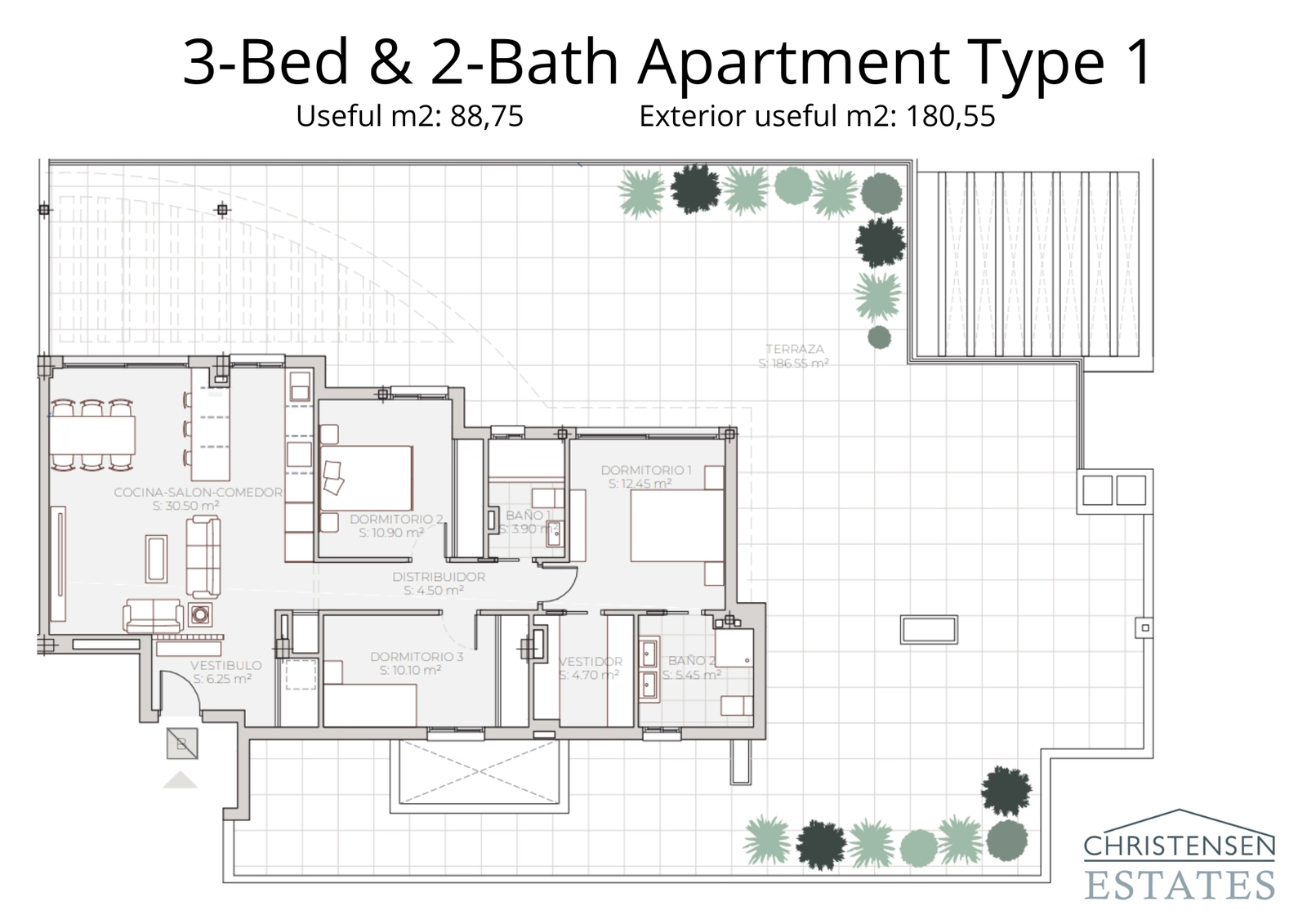 Plano de una vivienda de tres dormitorios en planta baja, que muestra los generosos espacios de jardín privado y terraza.