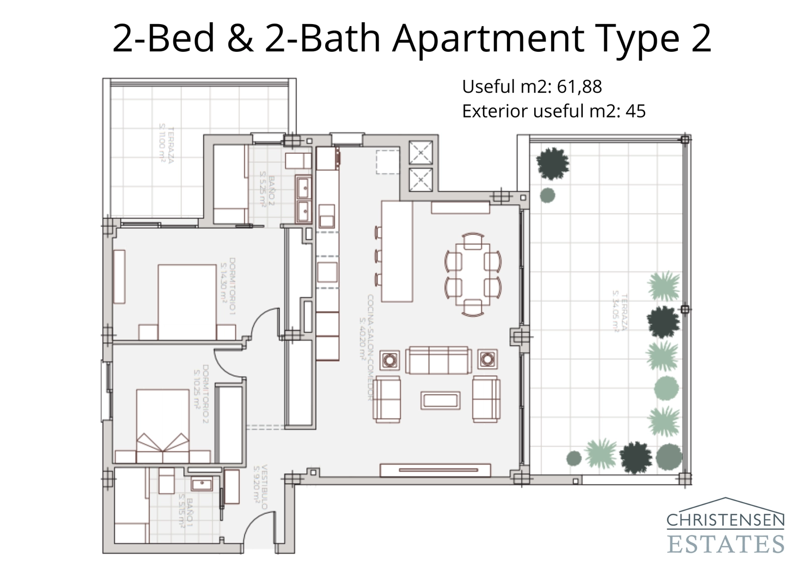 Una distribución alternativa de dos dormitorios, con dos terrazas para disfrutar del sol de la mañana y de la tarde.