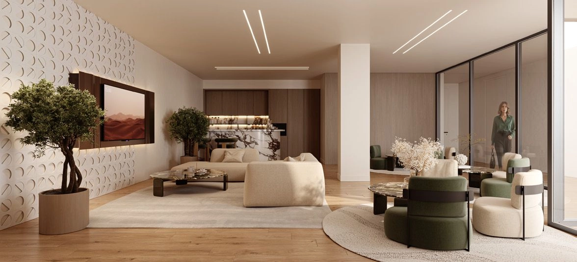 Un versátil salón para residentes ofrece un espacio cómodo para trabajar, celebrar reuniones o socializar.