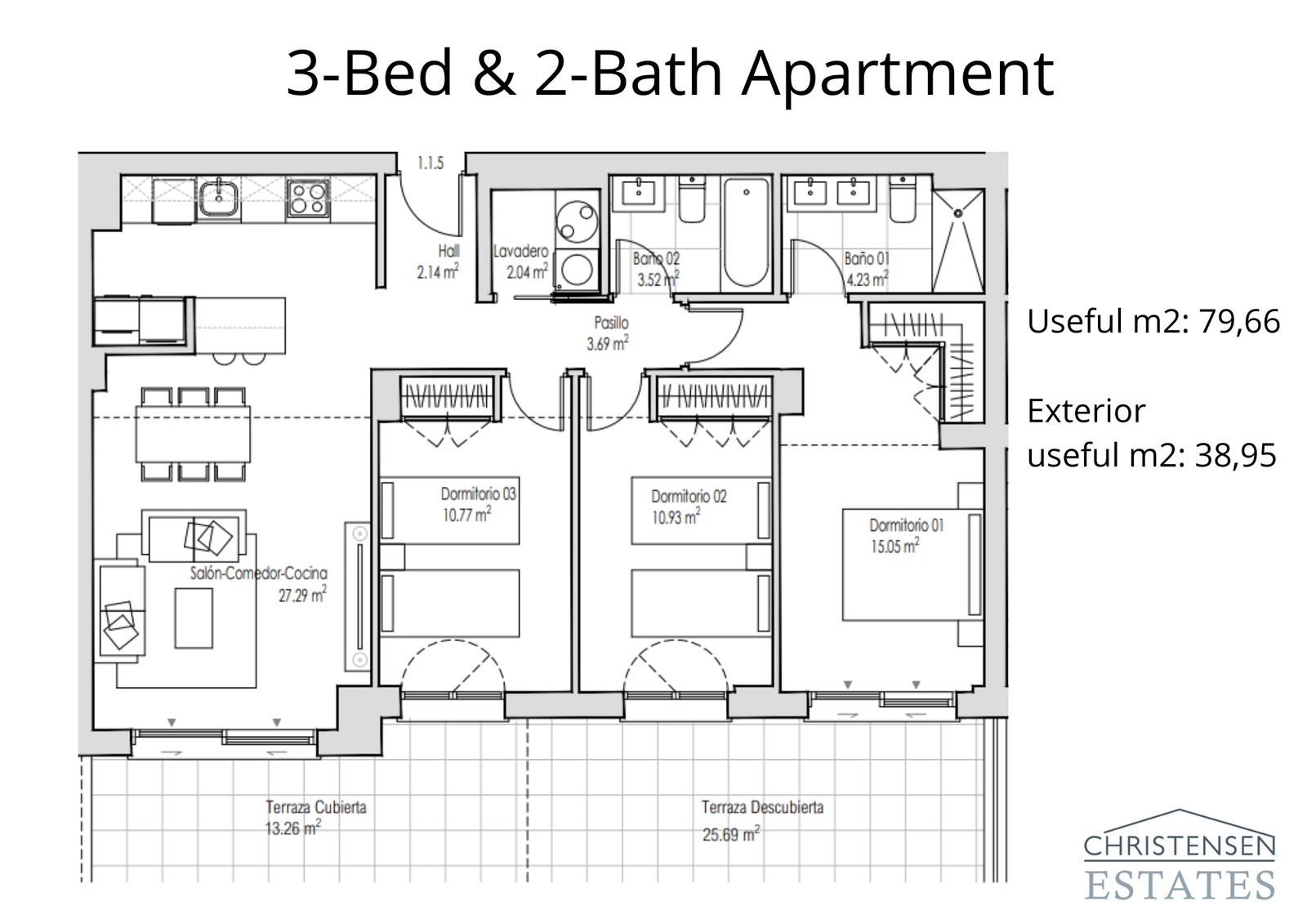 El espacioso diseño del apartamento de tres dormitorios ofrece un amplio espacio para familias, con una generosa zona de estar de planta abierta y una extensa terraza para disfrutar del aire libre.