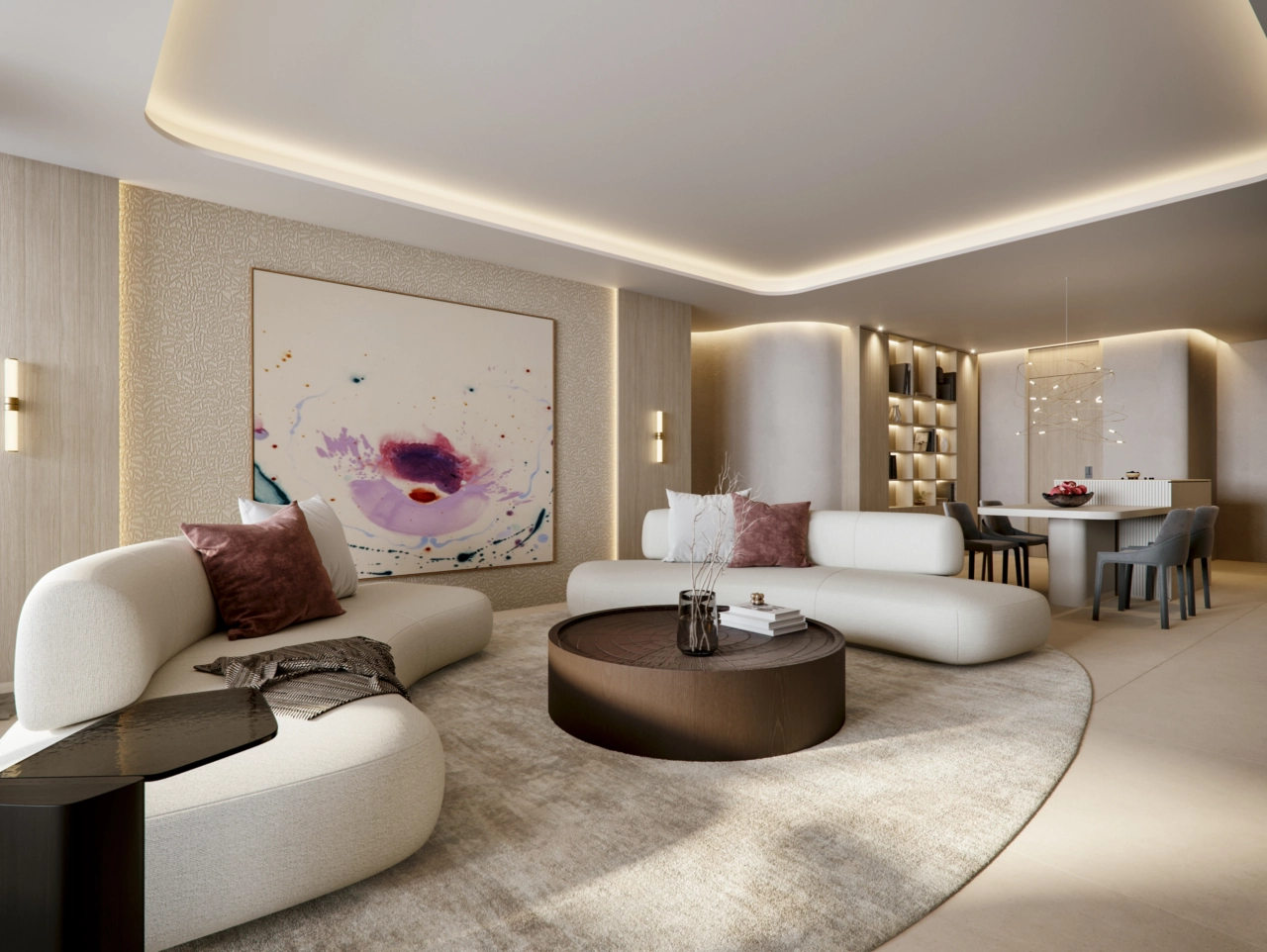 Un salón acogedor y sereno, diseñado con texturas suaves y una paleta neutra para el máximo confort.