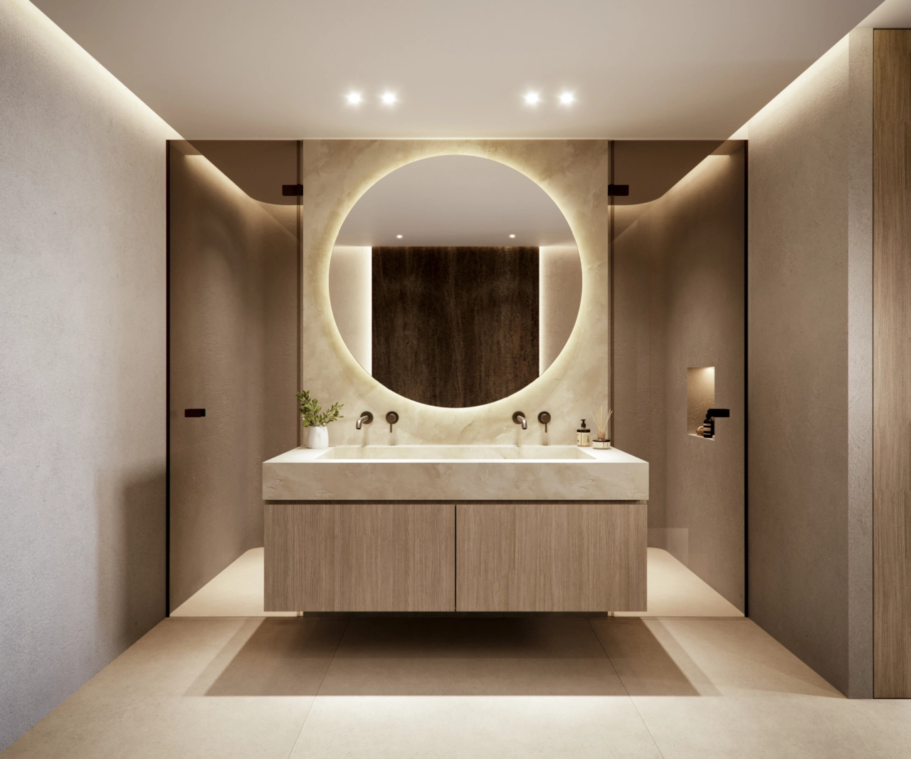 El elegante lavabo doble del baño, con tonos de madera cálidos e iluminación suave e integrada.