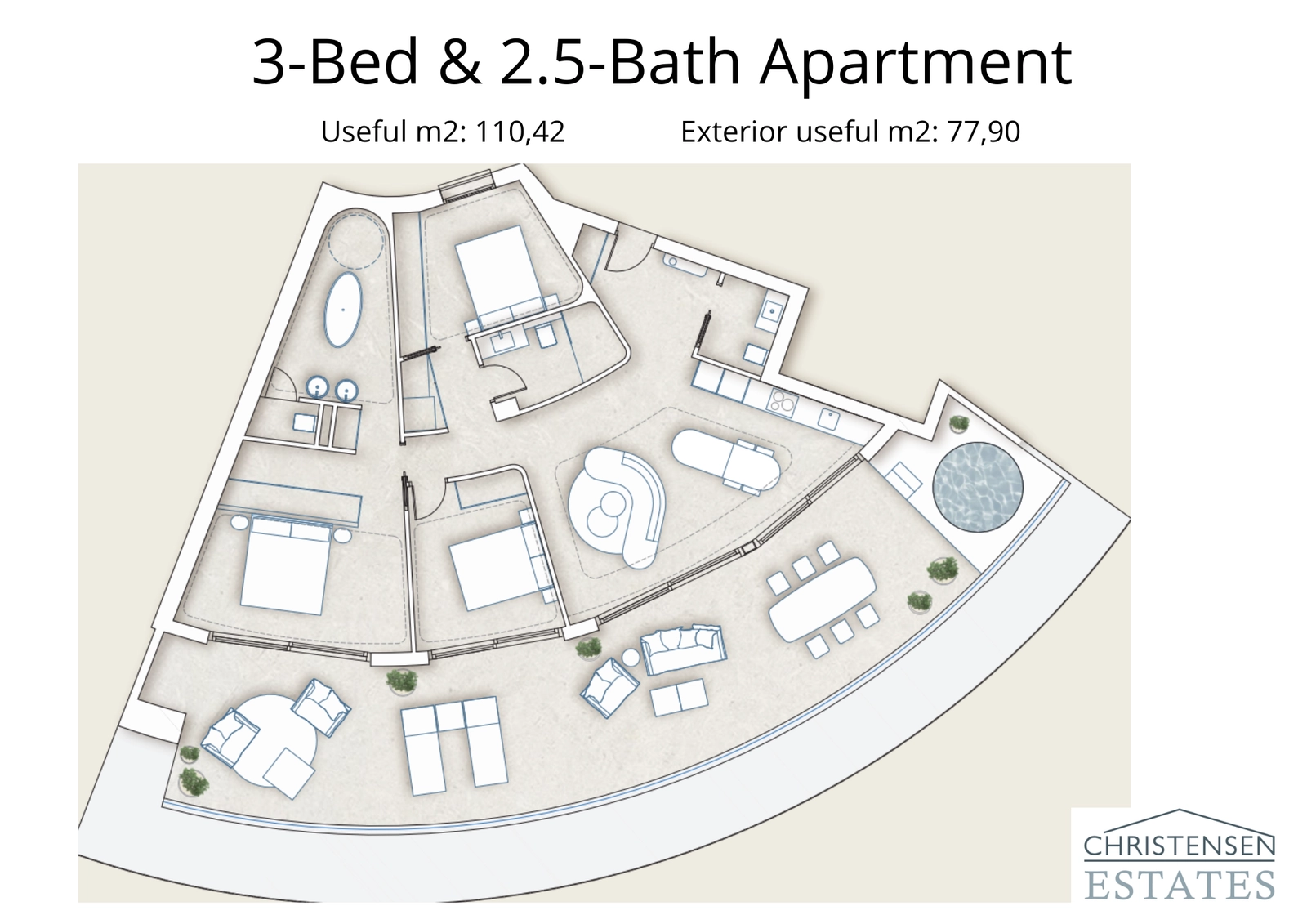 Este espacioso plano de planta de tres dormitorios cuenta con una amplia terraza perimetral, que integra a la perfección los espacios de vida interiores y exteriores.