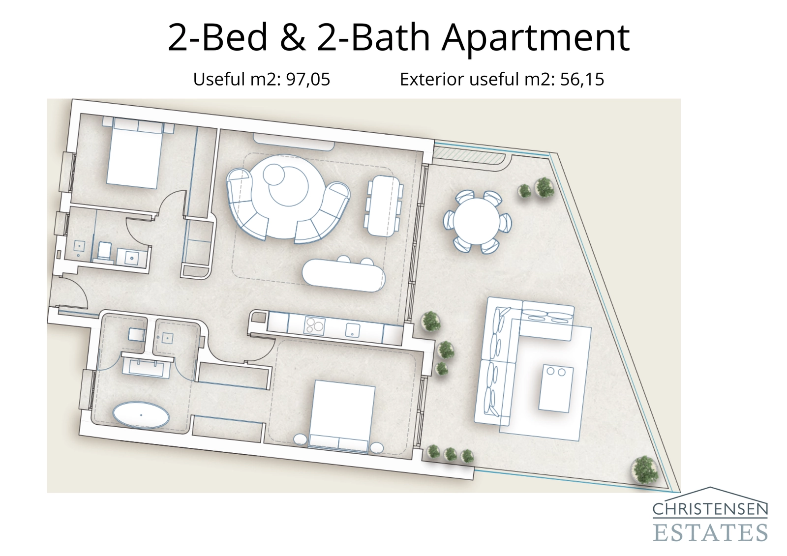 Un diseño eficiente de dos dormitorios con una zona de estar de planta abierta que se extiende a una generosa terraza, perfecta para disfrutar del clima mediterráneo.