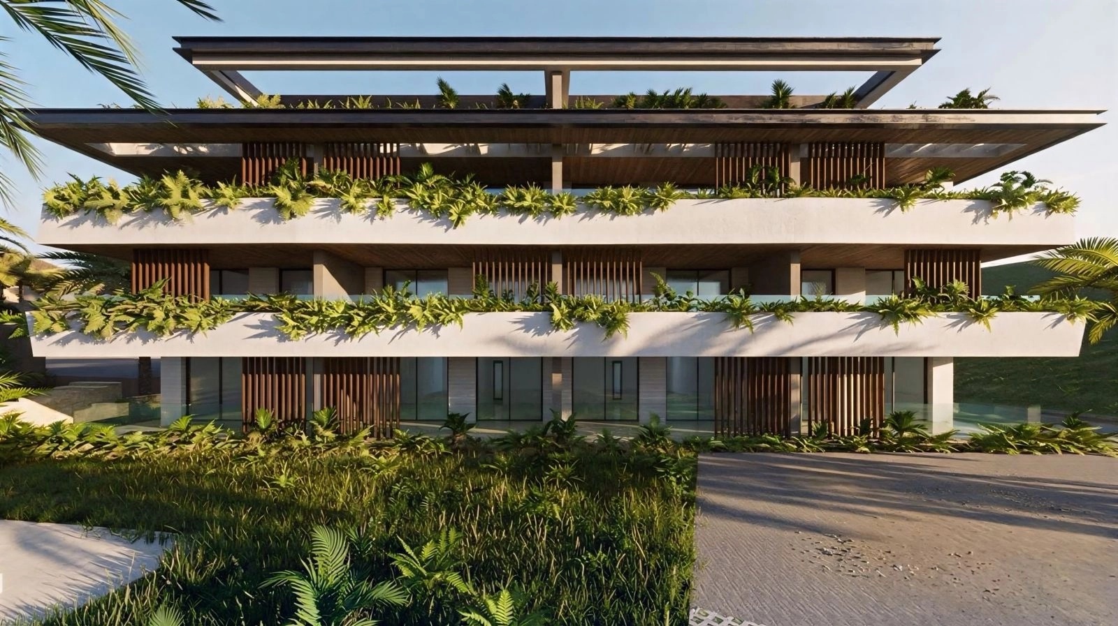 La arquitectura del edificio combina materiales naturales con un diseño contemporáneo.