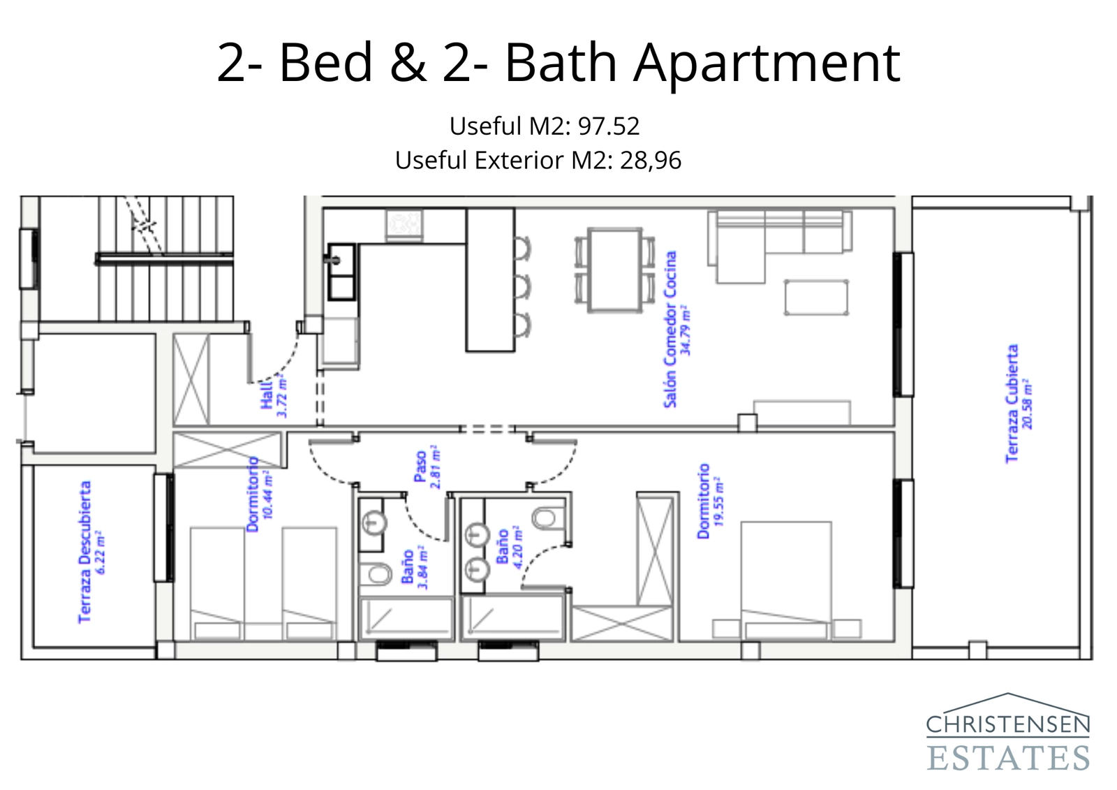 Plano de un apartamento de dos dormitorios, que muestra una amplia sala de estar y una gran terraza privada.