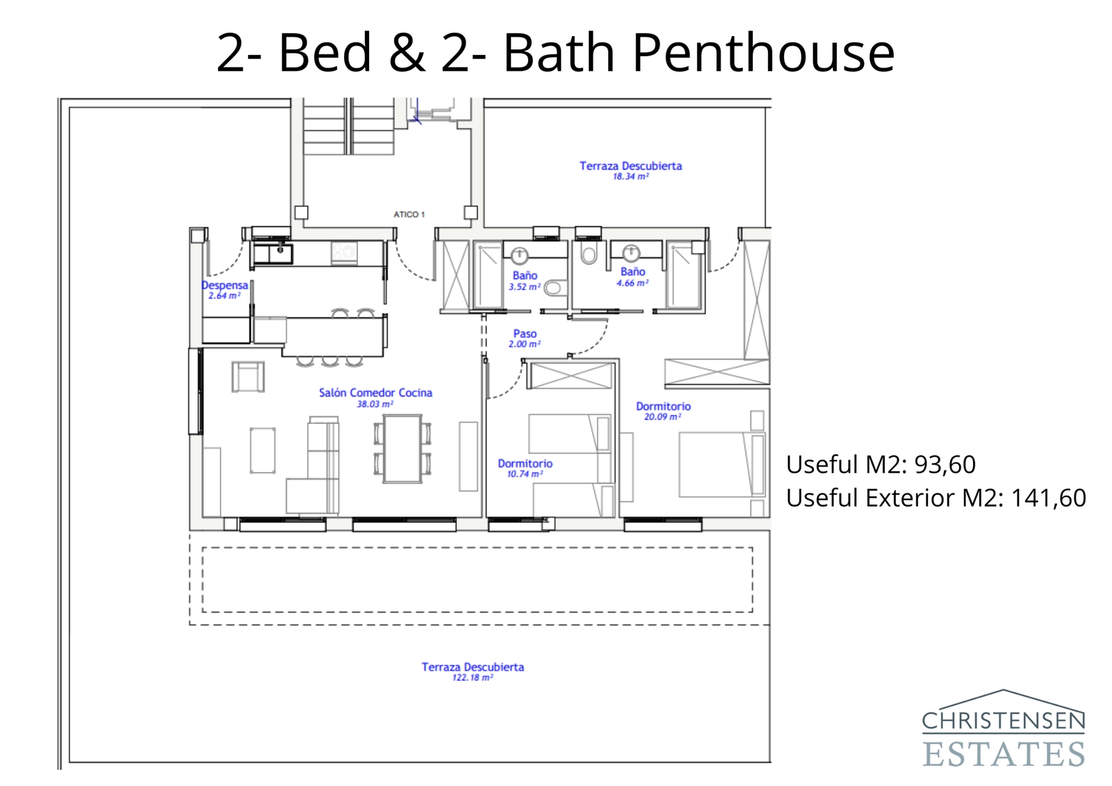 La distribución del ático cuenta con una amplia terraza, perfecta para disfrutar de las vistas y de la vida al aire libre.