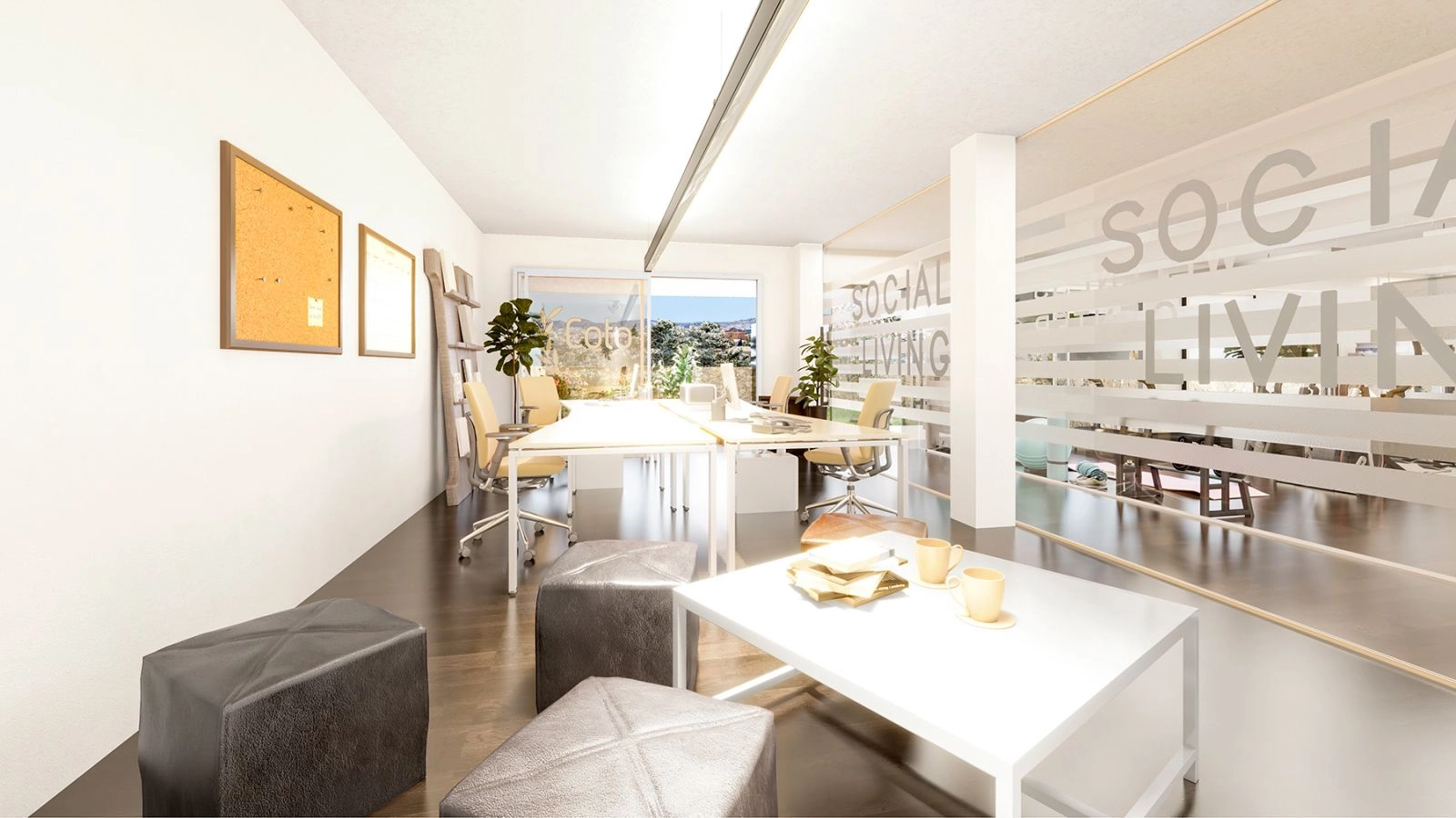 El espacio 'Social Living', una zona moderna y luminosa para que los residentes trabajen, se reúnan o se relajen.