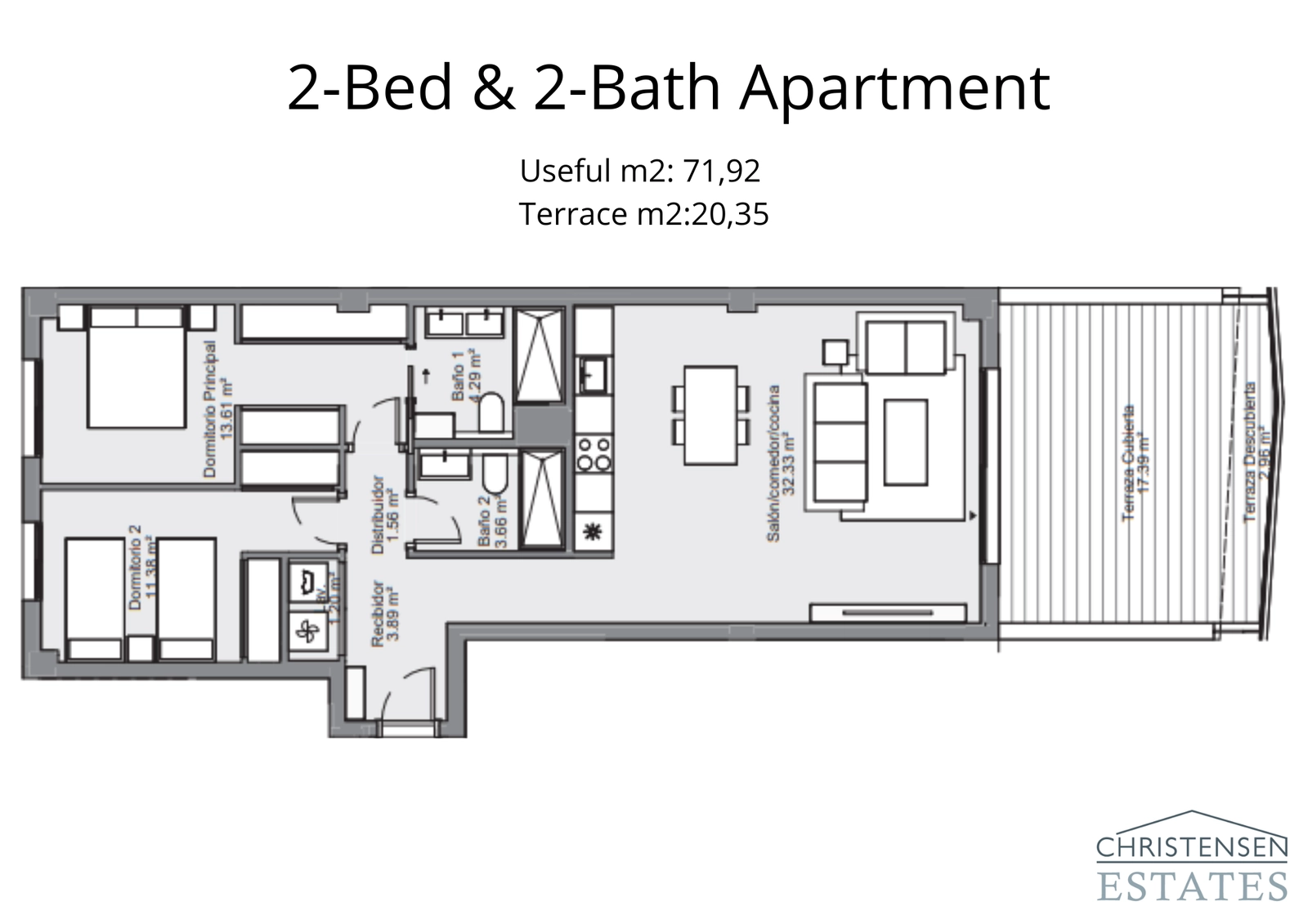 Plano de un apartamento de dos dormitorios, con una sala de estar de planta abierta y una generosa terraza para la vida interior-exterior.