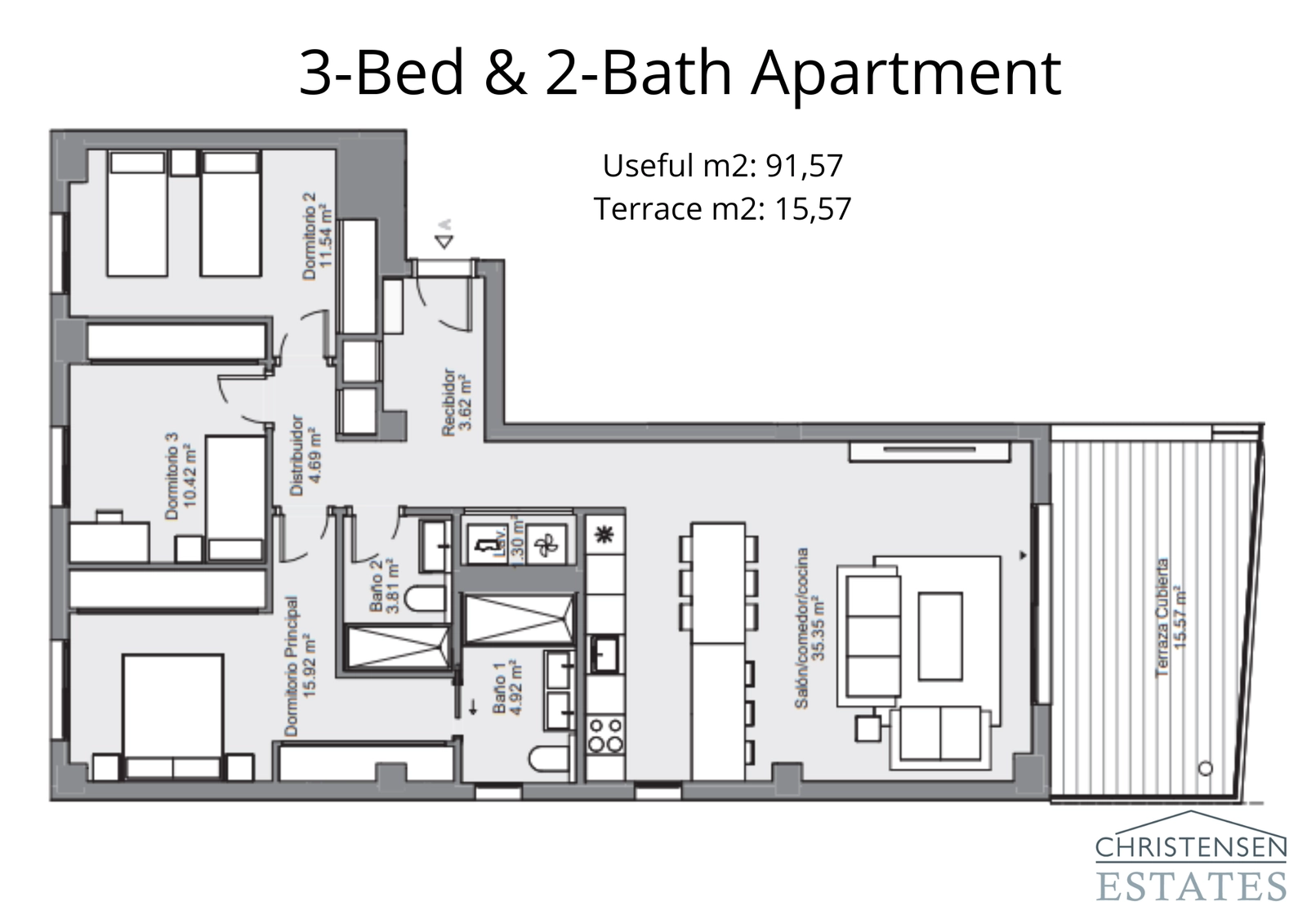 Esta distribución de tres dormitorios ofrece un amplio espacio, incluyendo una gran suite principal y una cocina-salón combinados que se abre a la terraza.