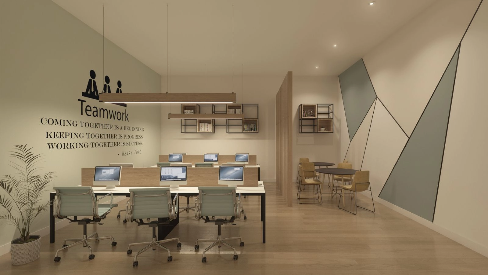 El espacio de co-working ofrece un ambiente profesional y cómodo para trabajar o celebrar reuniones.