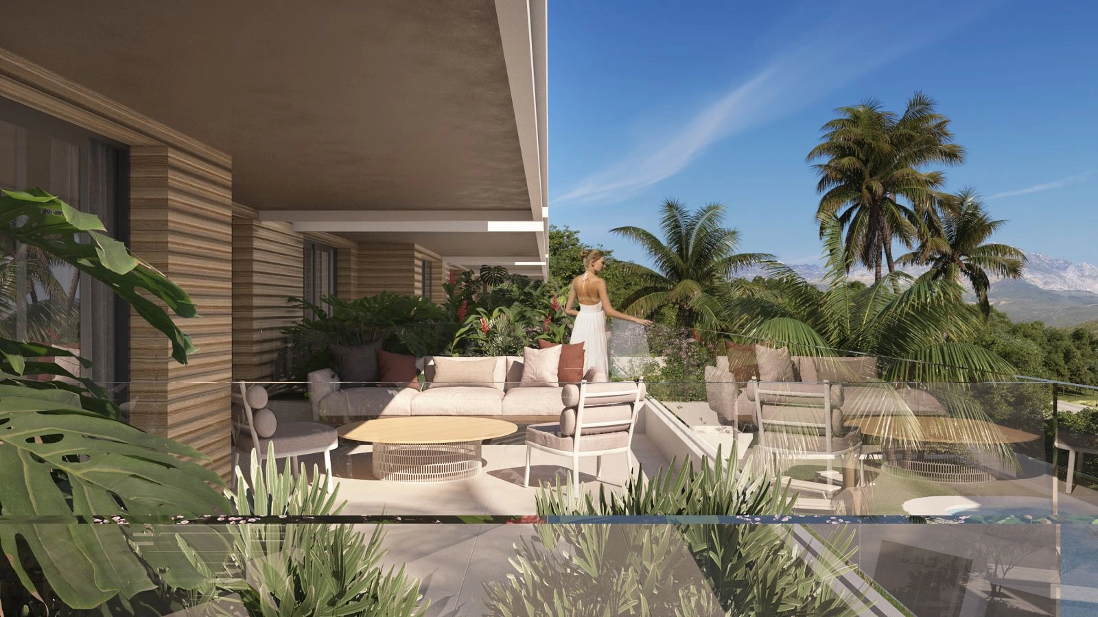 Una vista de una gran terraza privada diseñada para vivir y comer al aire libre, en un entorno de exuberante vegetación.