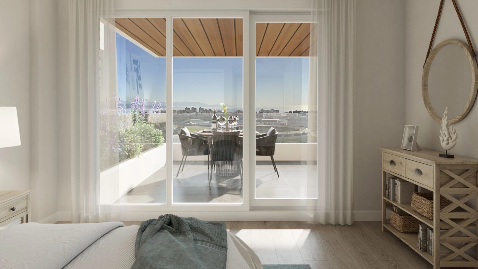 Despiértese con impresionantes vistas desde el dormitorio principal, donde los grandes ventanales enmarcan el hermoso paisaje.