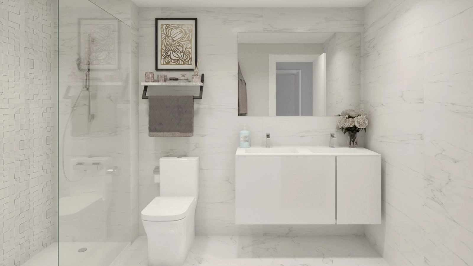 Un baño elegante y contemporáneo con materiales de primera calidad y un diseño limpio y minimalista.