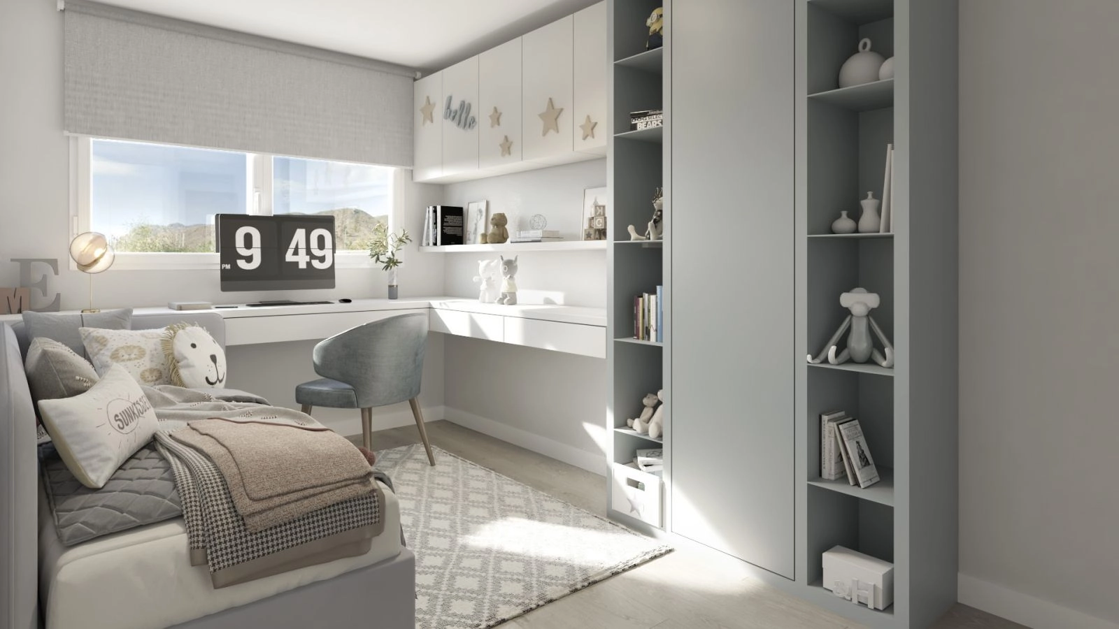 Un dormitorio infantil cómodo y bien iluminado, cuidadosamente diseñado para ser un refugio de paz.