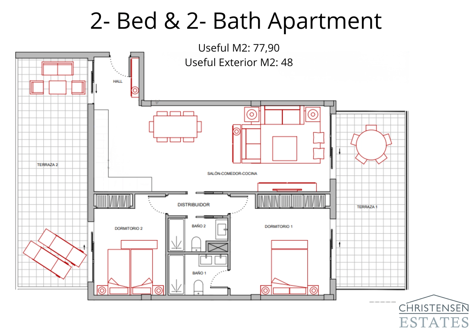 Este plano de dos dormitorios cuenta con una zona de estar abierta y dos amplias terrazas, perfectas para una vida interior-exterior sin interrupciones.