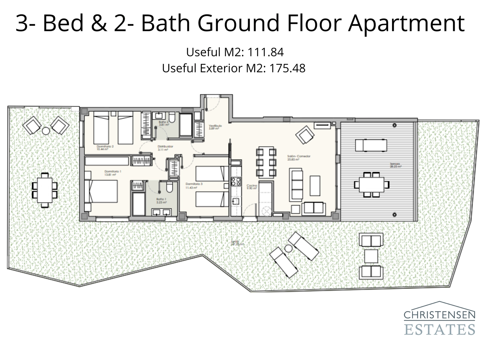 Generosa vivienda de tres dormitorios en planta baja con amplios espacios de terraza y jardín, ideal para familias.