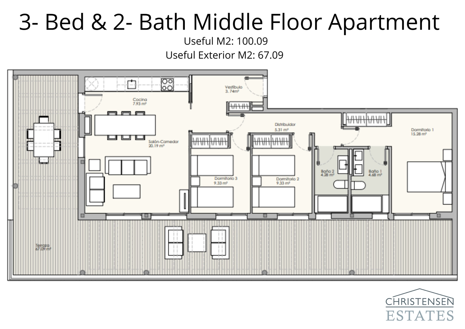 Plano de apartamento de tres dormitorios en planta intermedia, que ofrece amplias zonas de estar y una magnífica terraza con excelentes vistas.