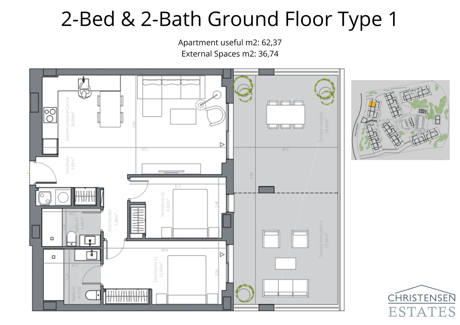 Un piso en planta baja de dos dormitorios bien diseñado, que cuenta con una amplia terraza que extiende el espacio habitable al exterior.