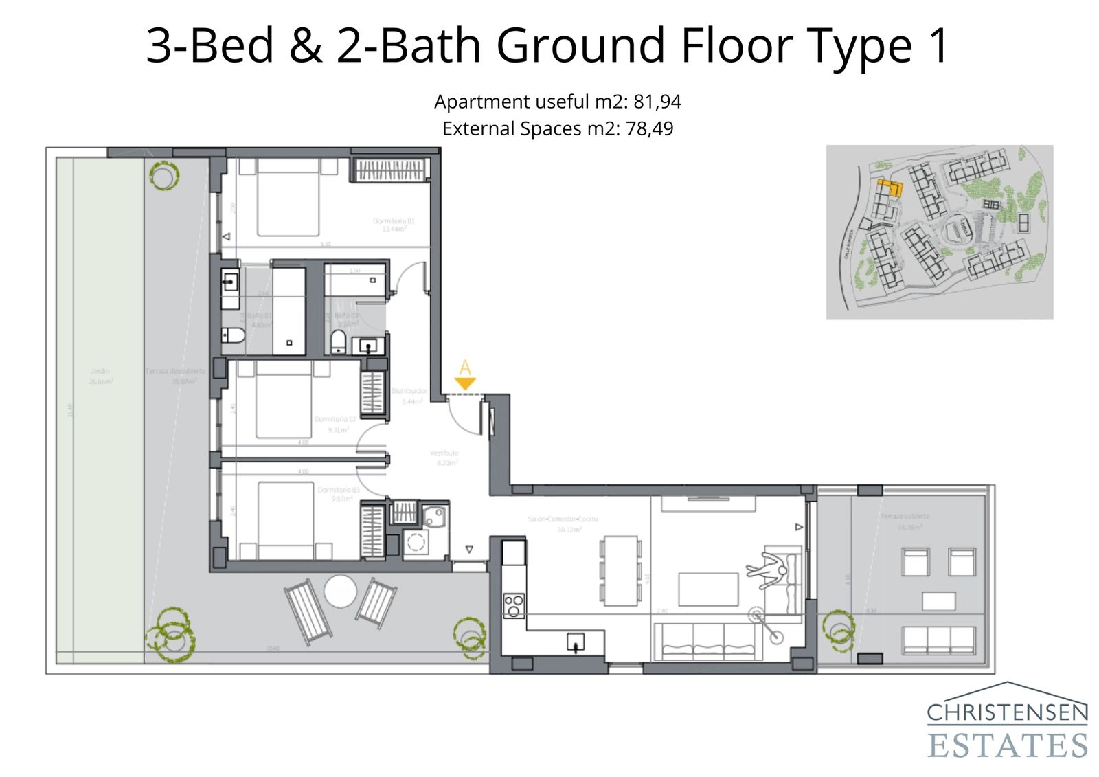 Esta espaciosa distribución de tres dormitorios en planta baja incluye un jardín privado y una gran terraza cubierta, ideal para la vida familiar.